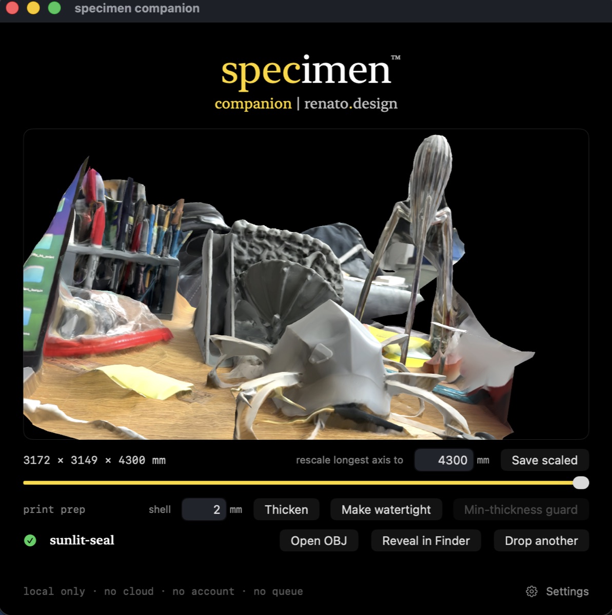 specimen Companion on Mac — a reconstructed scene of paintbrushes, a bust, a shell, and crumpled paper with print-prep controls (shell, Thicken, Make watertight, Min-thickness guard) visible beneath